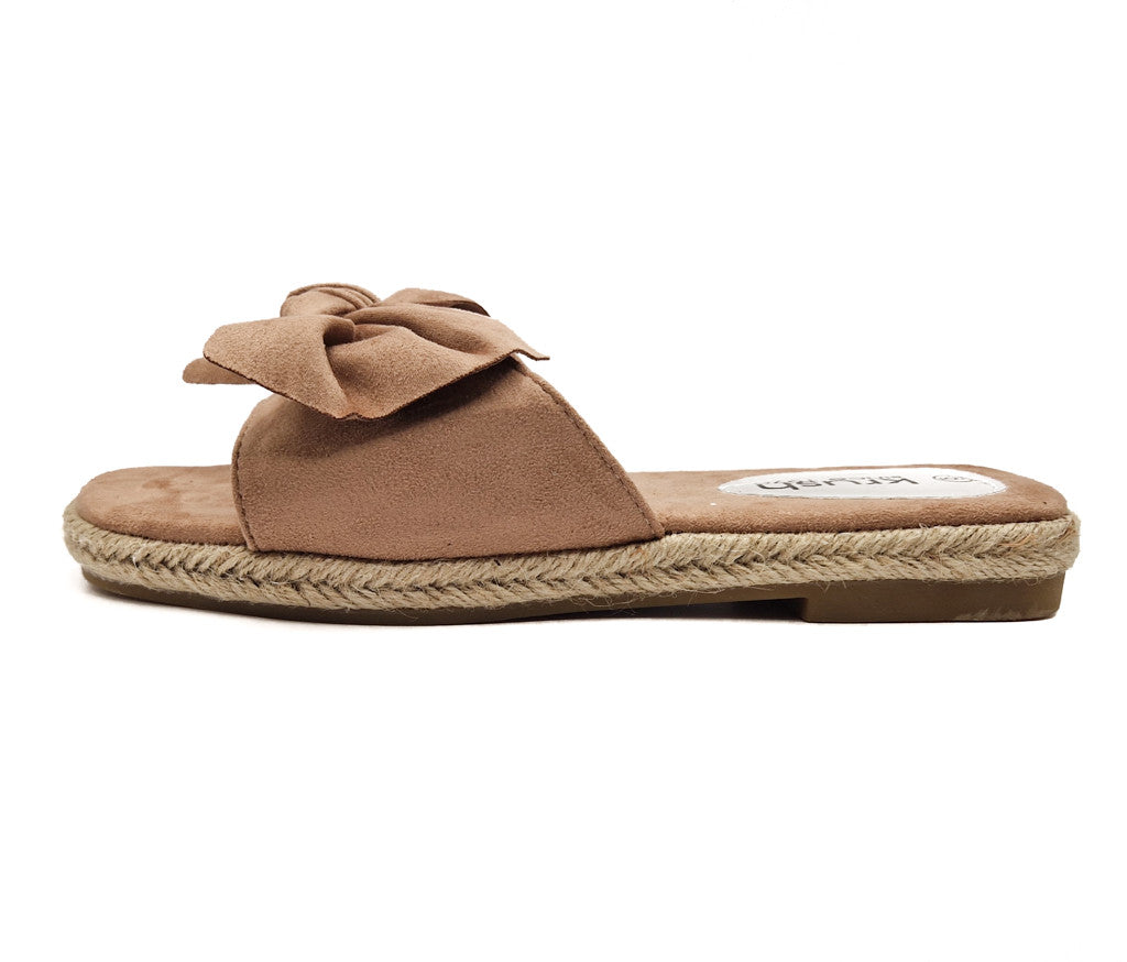 Womens Hessian Flat Bow Detail Slip On Sandals Khaki