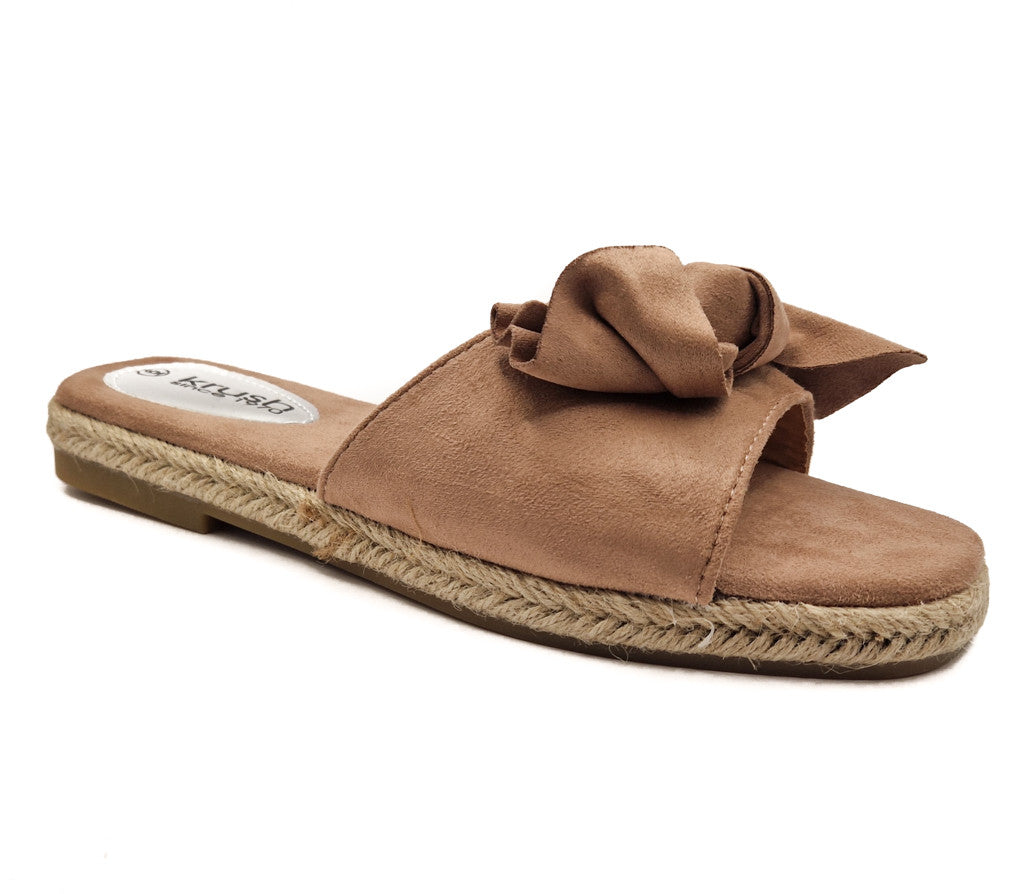 Womens Hessian Flat Bow Detail Slip On Sandals Khaki