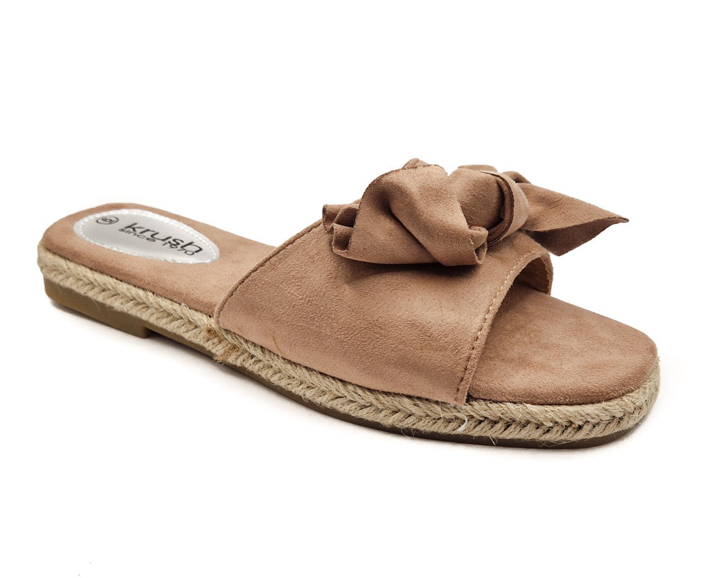 Womens Hessian Flat Bow Detail Slip On Sandals Khaki