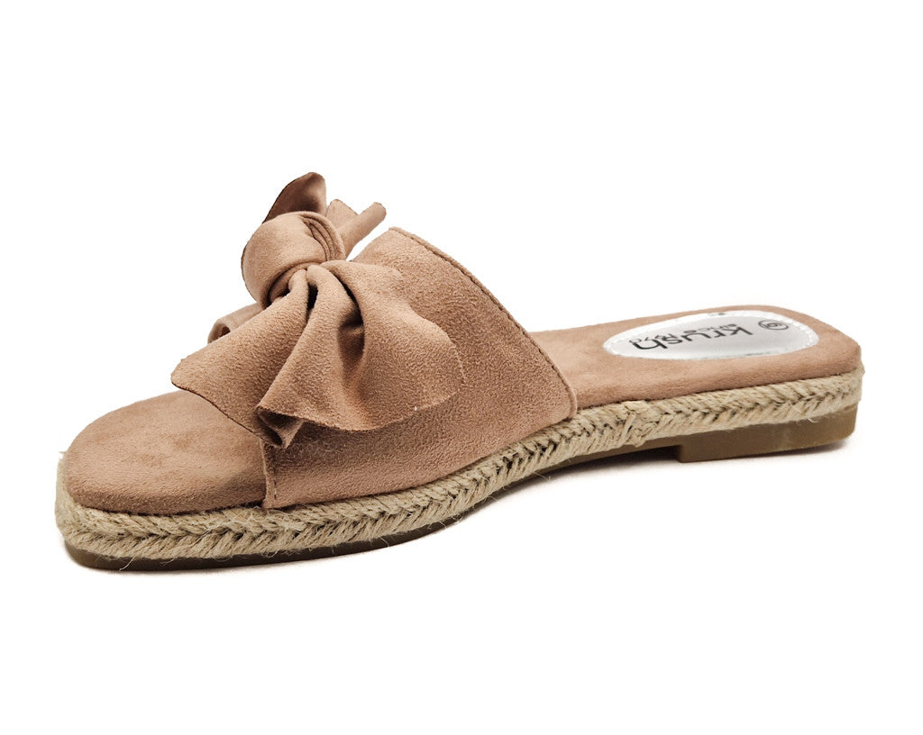 Womens Hessian Flat Bow Detail Slip On Sandals Khaki