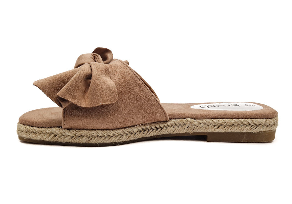 Womens Hessian Flat Bow Detail Slip On Sandals Khaki