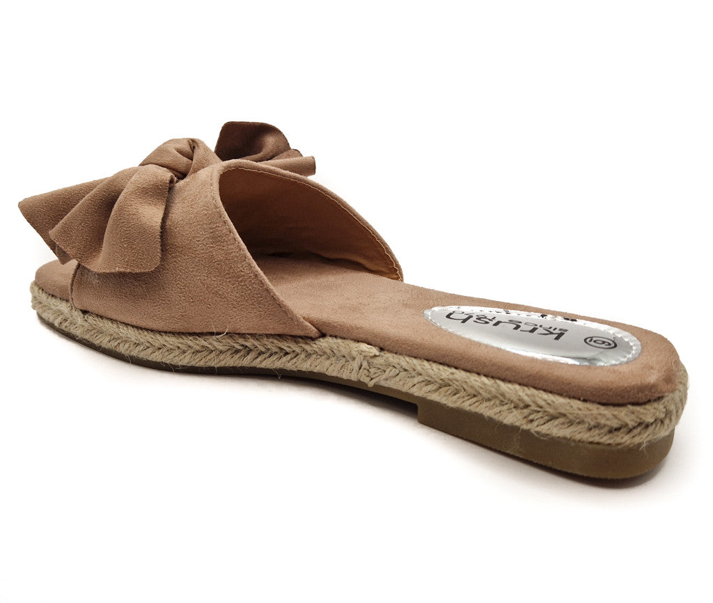 Womens Hessian Flat Bow Detail Slip On Sandals Khaki