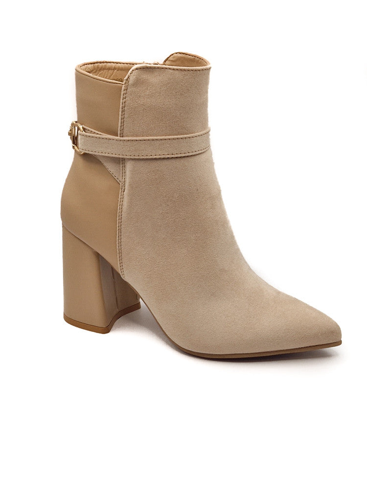 Womens Ladies Block Heel Ankle Strap Buckle Boots Pointed Black Beige Size 4-8