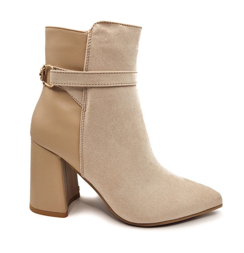 Womens Ladies Block Heel Ankle Strap Buckle Boots Pointed Black Beige Size 4-8