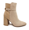 Womens Ladies Block Heel Ankle Strap Buckle Boots Pointed Black Beige Size 4-8