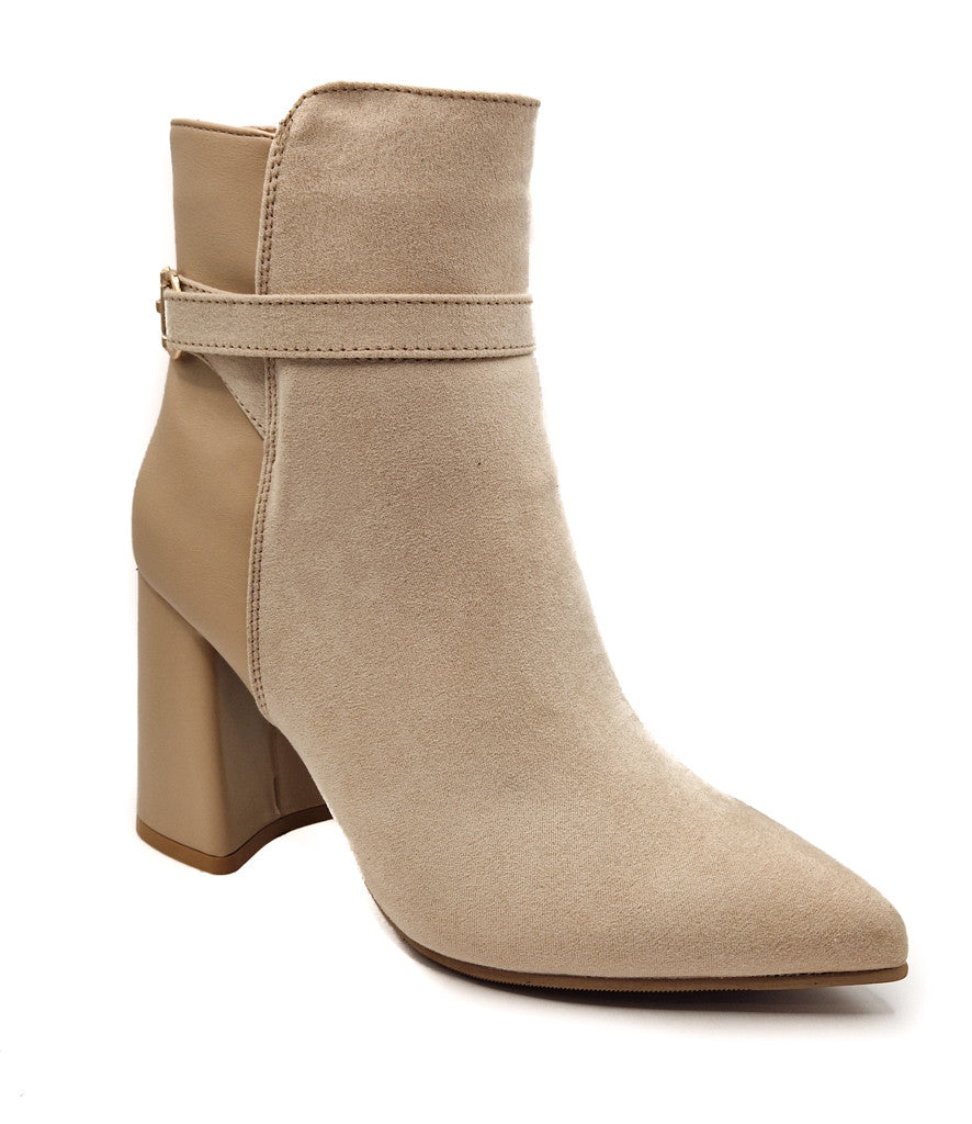 Womens Ladies Block Heel Ankle Strap Buckle Boots Pointed Black Beige Size 4-8