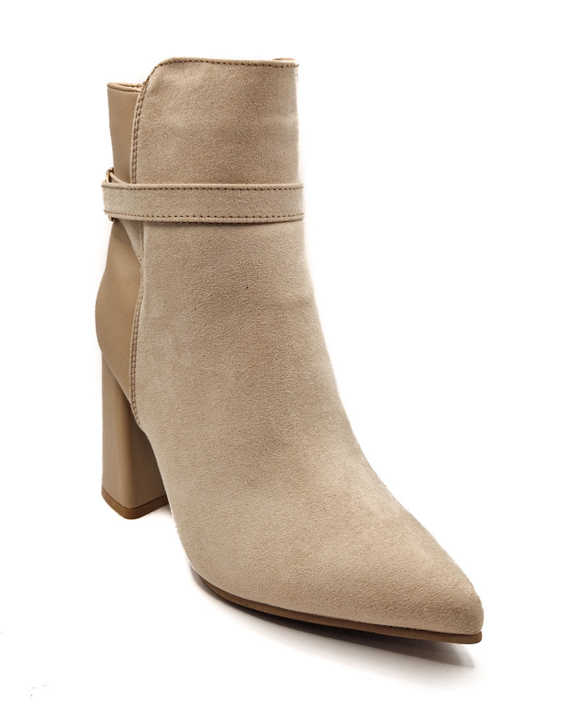 Womens Ladies Block Heel Ankle Strap Buckle Boots Pointed Black Beige Size 4-8