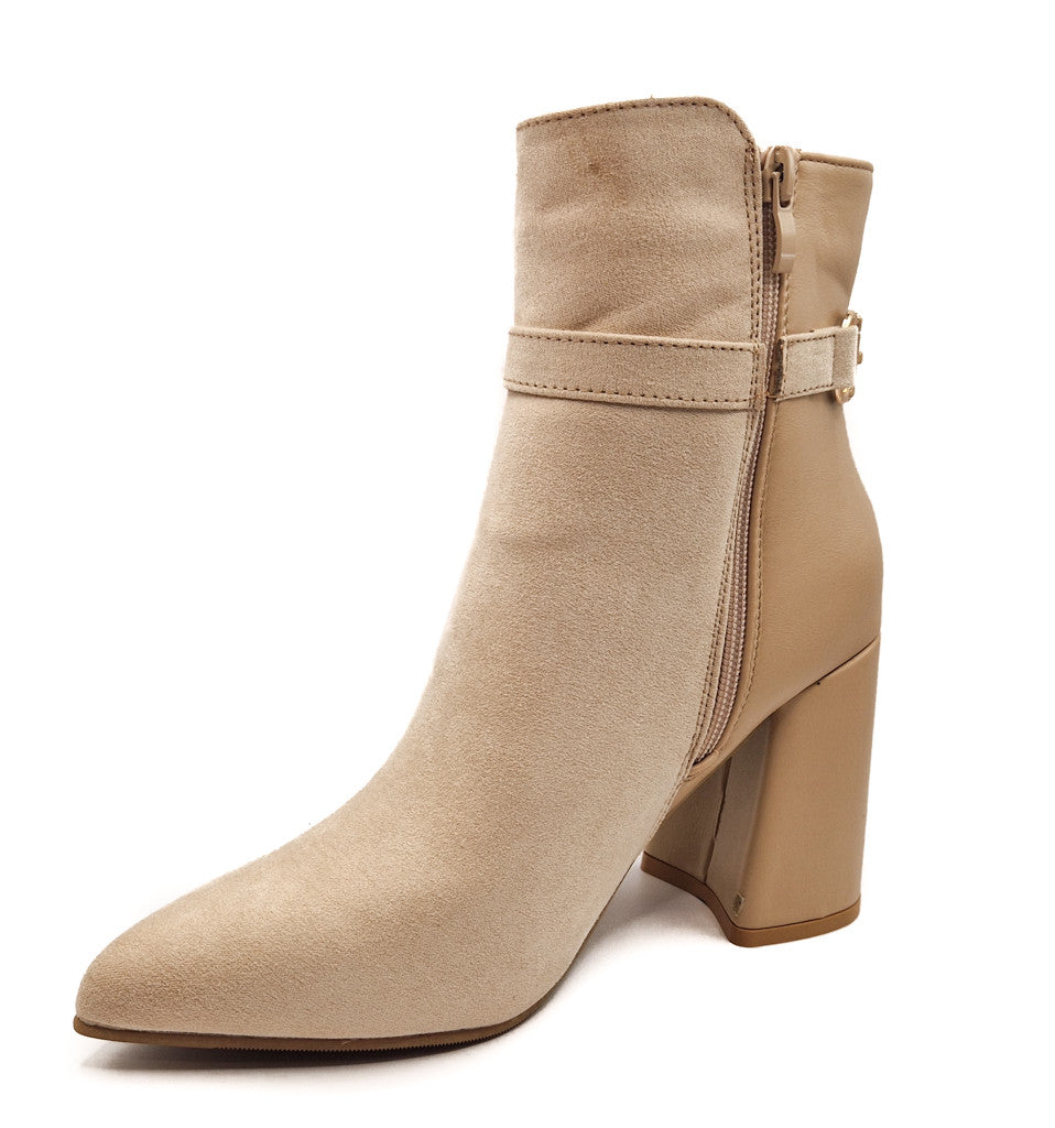 Womens Ladies Block Heel Ankle Strap Buckle Boots Pointed Black Beige Size 4-8