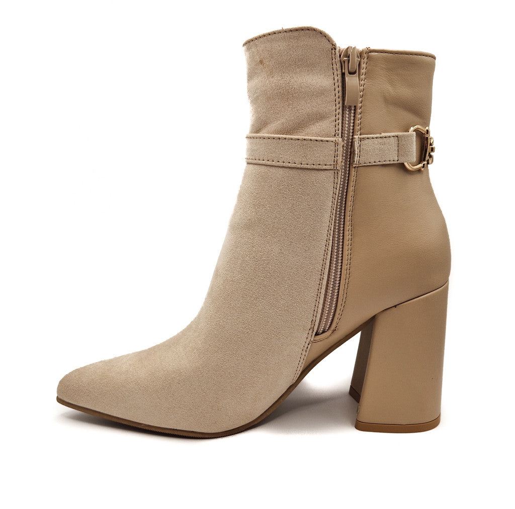 Womens Ladies Block Heel Ankle Strap Buckle Boots Pointed Black Beige Size 4-8