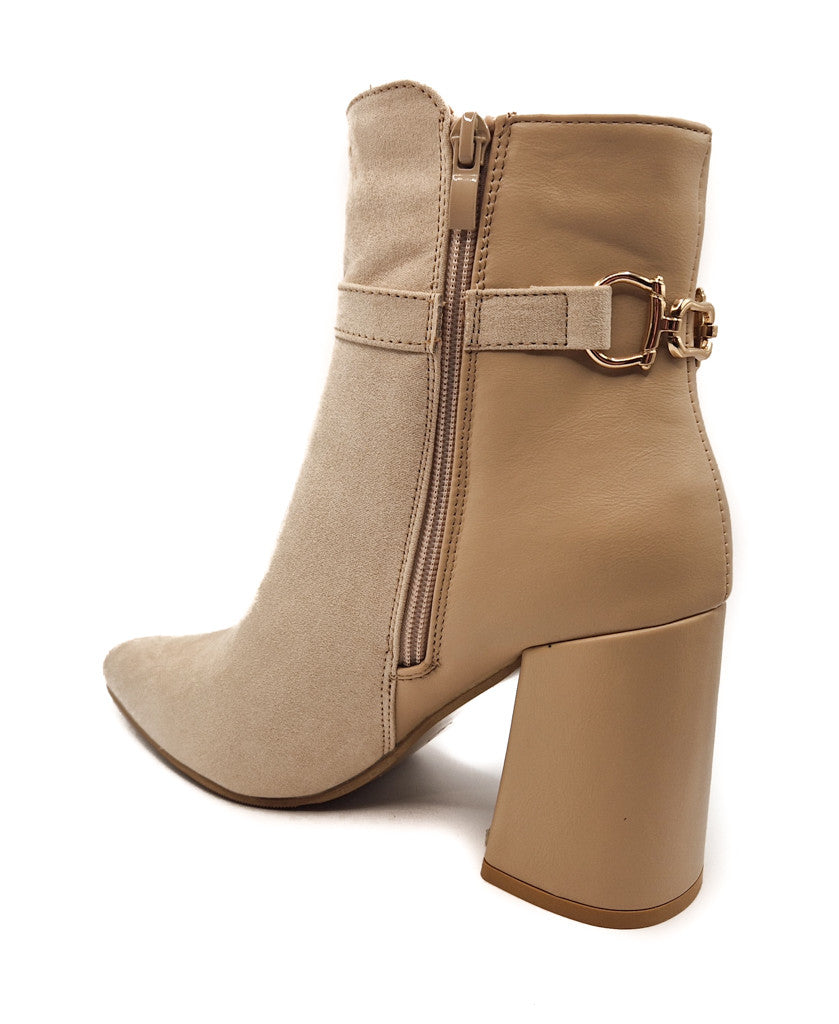 Womens Ladies Block Heel Ankle Strap Buckle Boots Pointed Black Beige Size 4-8