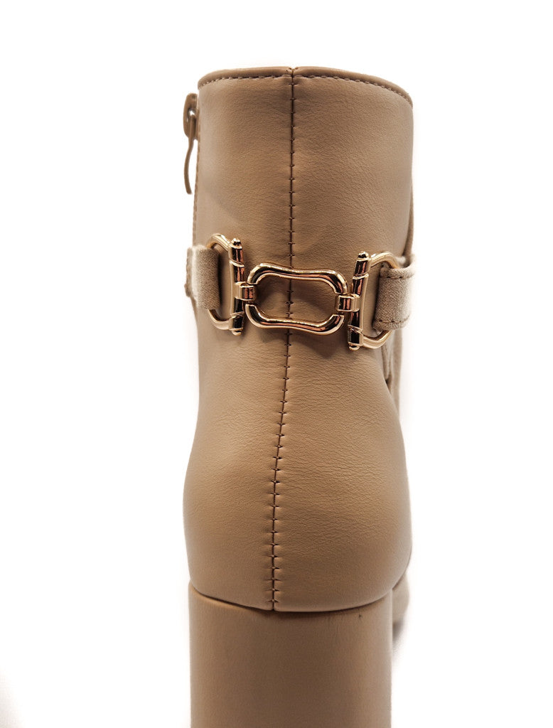 Womens Ladies Block Heel Ankle Strap Buckle Boots Pointed Black Beige Size 4-8