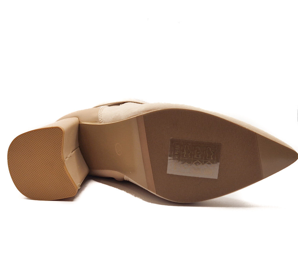 Womens Ladies Block Heel Ankle Strap Buckle Boots Pointed Black Beige Size 4-8