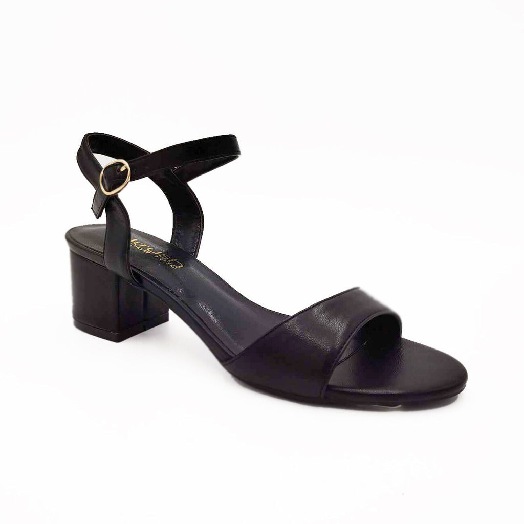 Womens Mid Heel Block Open Toe Ankle Strap Sandals Black