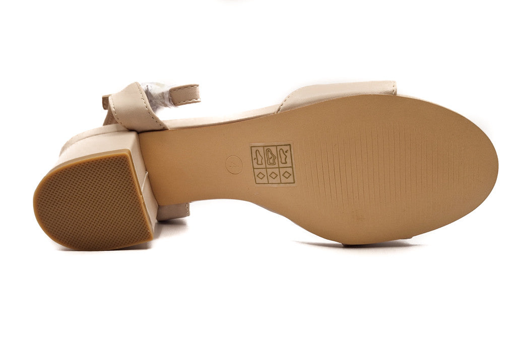 Womens Mid Heel Block Open Toe Ankle Strap Sandals Nude