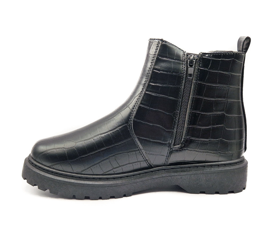 Women's Wide Fit Chelsea Pull On Faux Leather Ankle Boot Croc Black