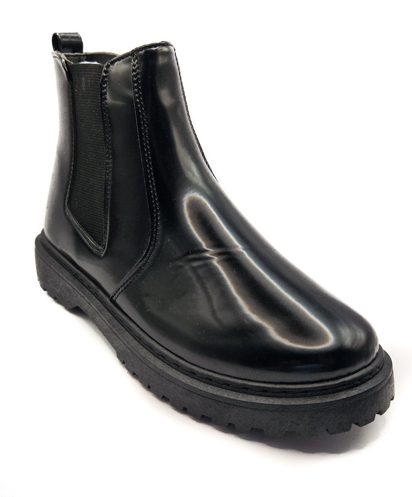 Women's Wide Fit Chelsea Pull On Faux Leather Ankle Boot Patent Black