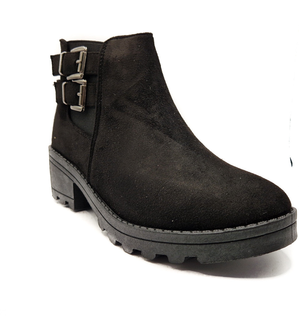 Women's Wide Fit Double Buckle Biker Ankle Boot Black