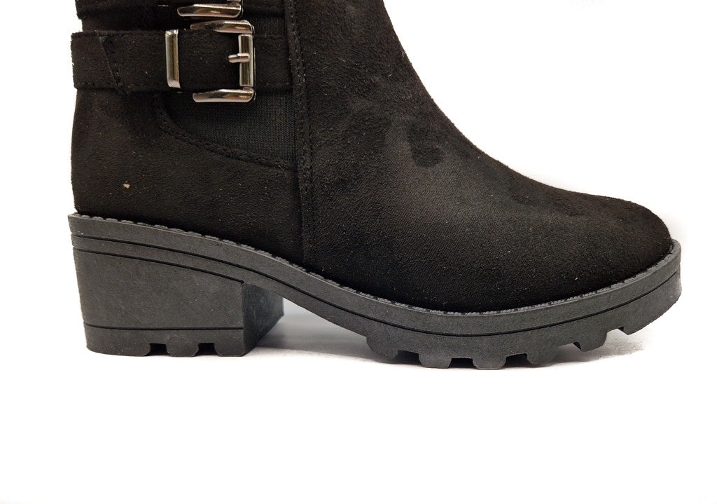 Women's Wide Fit Double Buckle Biker Ankle Boot Black