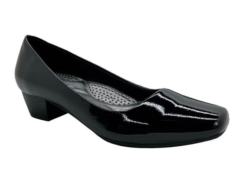 Boulevard Ladies Low Heel Court Shoes Black Patent - Renna Clothing