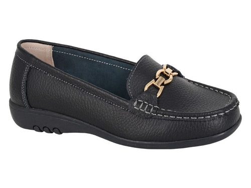 Boulevard Women's Extra Wide Fit Leather Slip On Moccasin Shoes Black - Renna Clothing