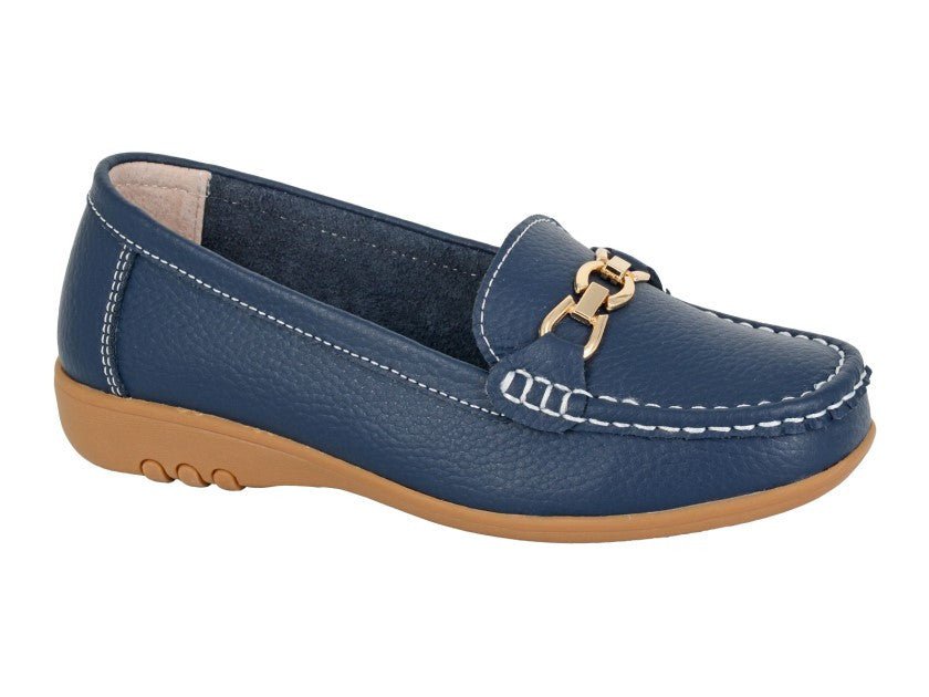 Boulevard Women's Extra Wide Fit Leather Slip On Moccasin Shoes Navy Blue - Renna Clothing