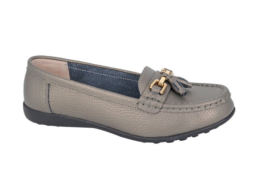 Boulevard Women's Leather Slip On Moccasin Shoes Pewter - Renna Clothing