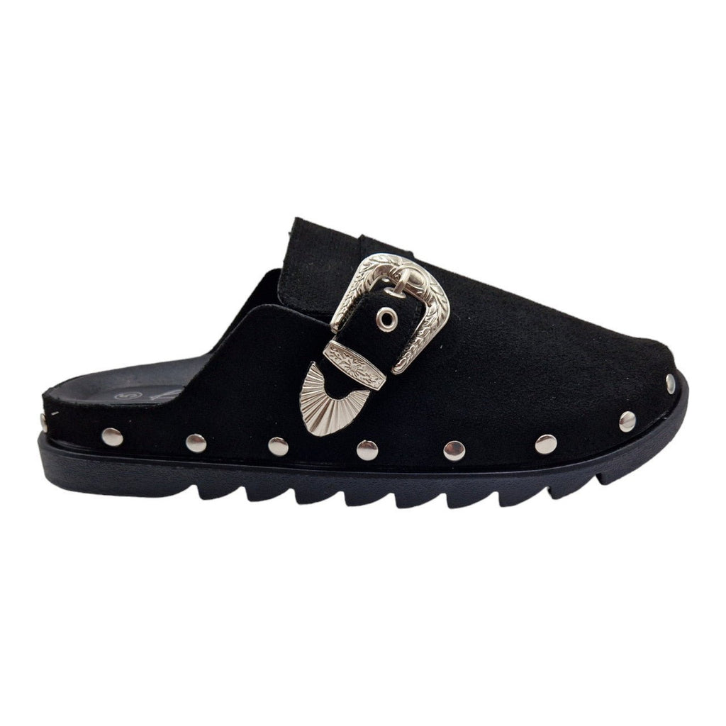Buckled Faux Suede Mule Clogs Black - Renna Clothing