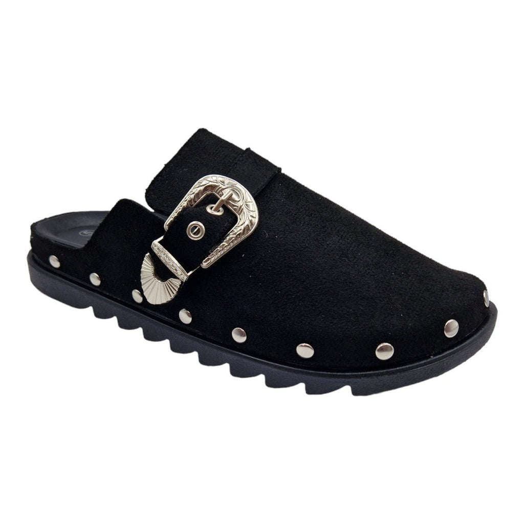 Buckled Faux Suede Mule Clogs Black - Renna Clothing