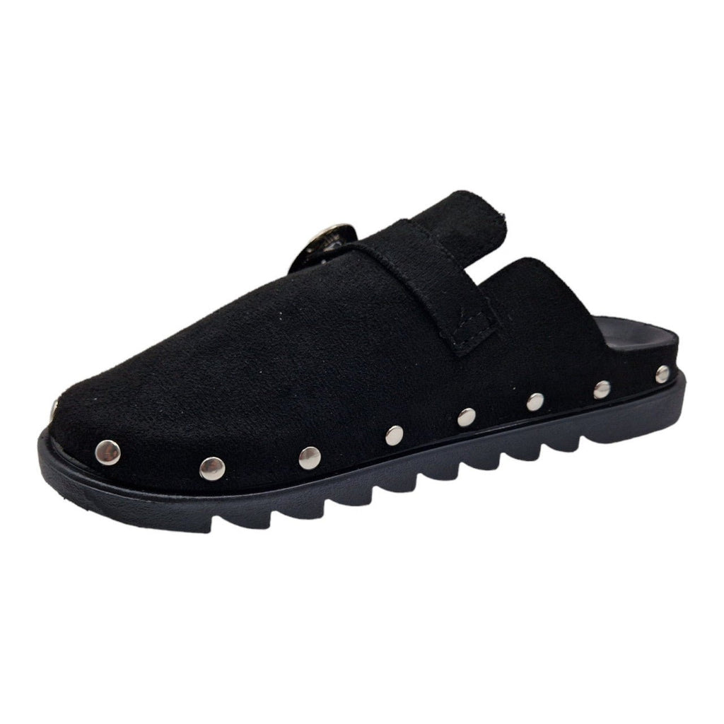 Buckled Faux Suede Mule Clogs Black - Renna Clothing
