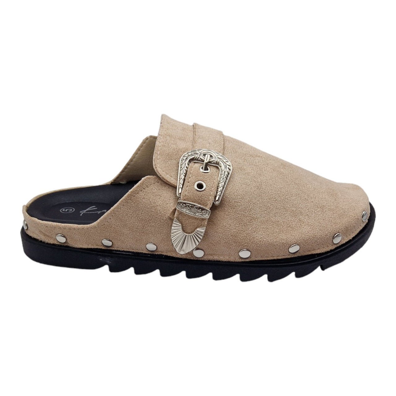 Buckled Faux Suede Mule Clogs Taupe - Renna Clothing