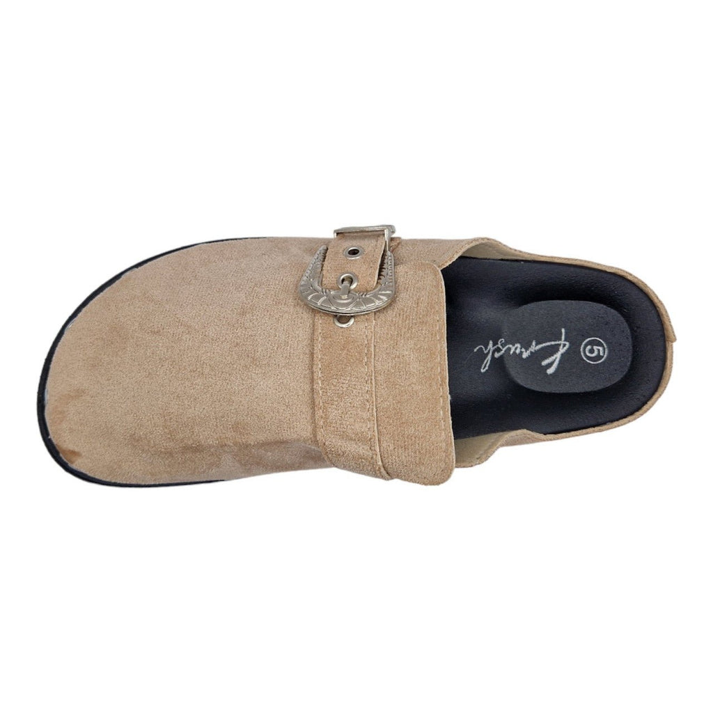 Buckled Faux Suede Mule Clogs Taupe - Renna Clothing