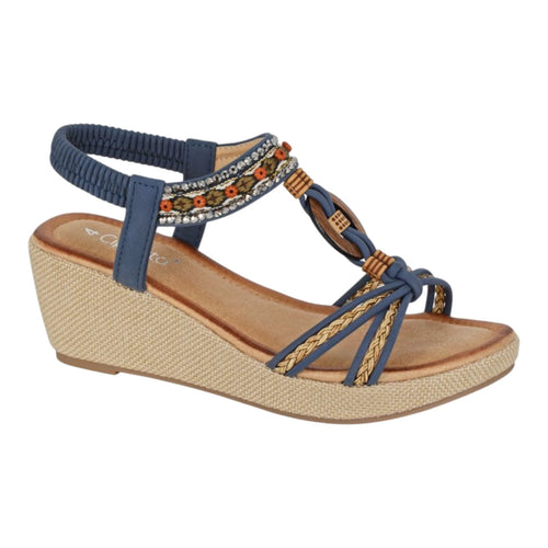 Cipriata Jewelled Elasticated Slingback Hessian Wedge Sandals Navy - Renna Clothing