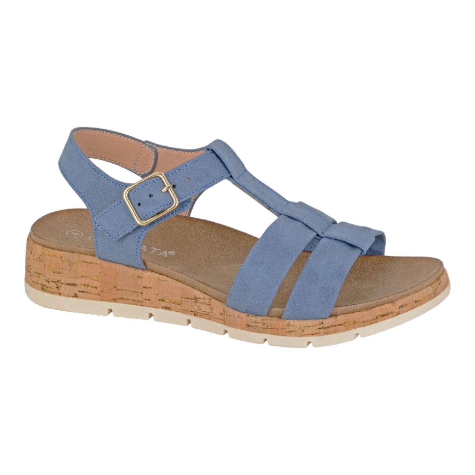 Cipriata Touch Fastening 2 Bar Low Wedge Sandals Blue - Renna Clothing