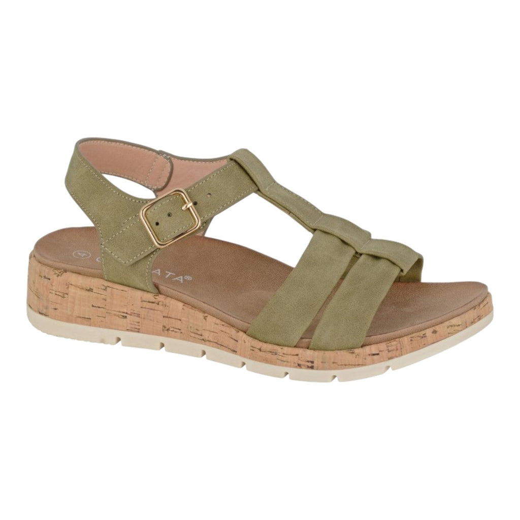 Cipriata Touch Fastening 2 Bar Low Wedge Sandals Green - Renna Clothing