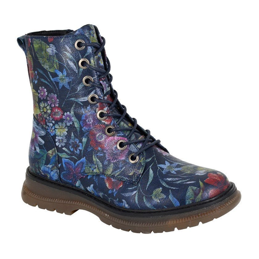 Cipriata women's Lace Up Ankle Biker Boot Navy Blue Floral - Renna Clothing