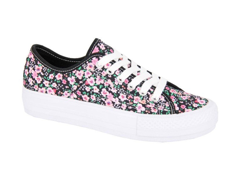 Dek Women's Lace Up Canvas Floral Trainers Black - Renna Clothing