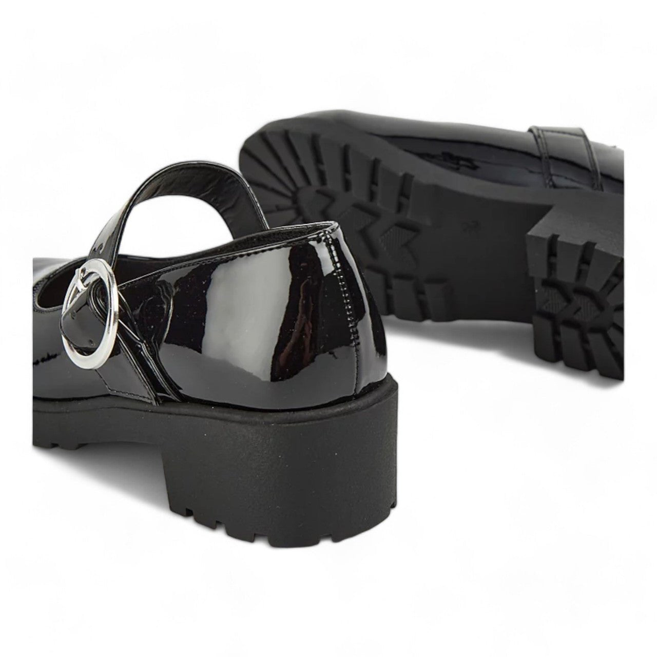 Girls Mary Janes School Chunky Heel Shoes Patent Black - Renna Clothing