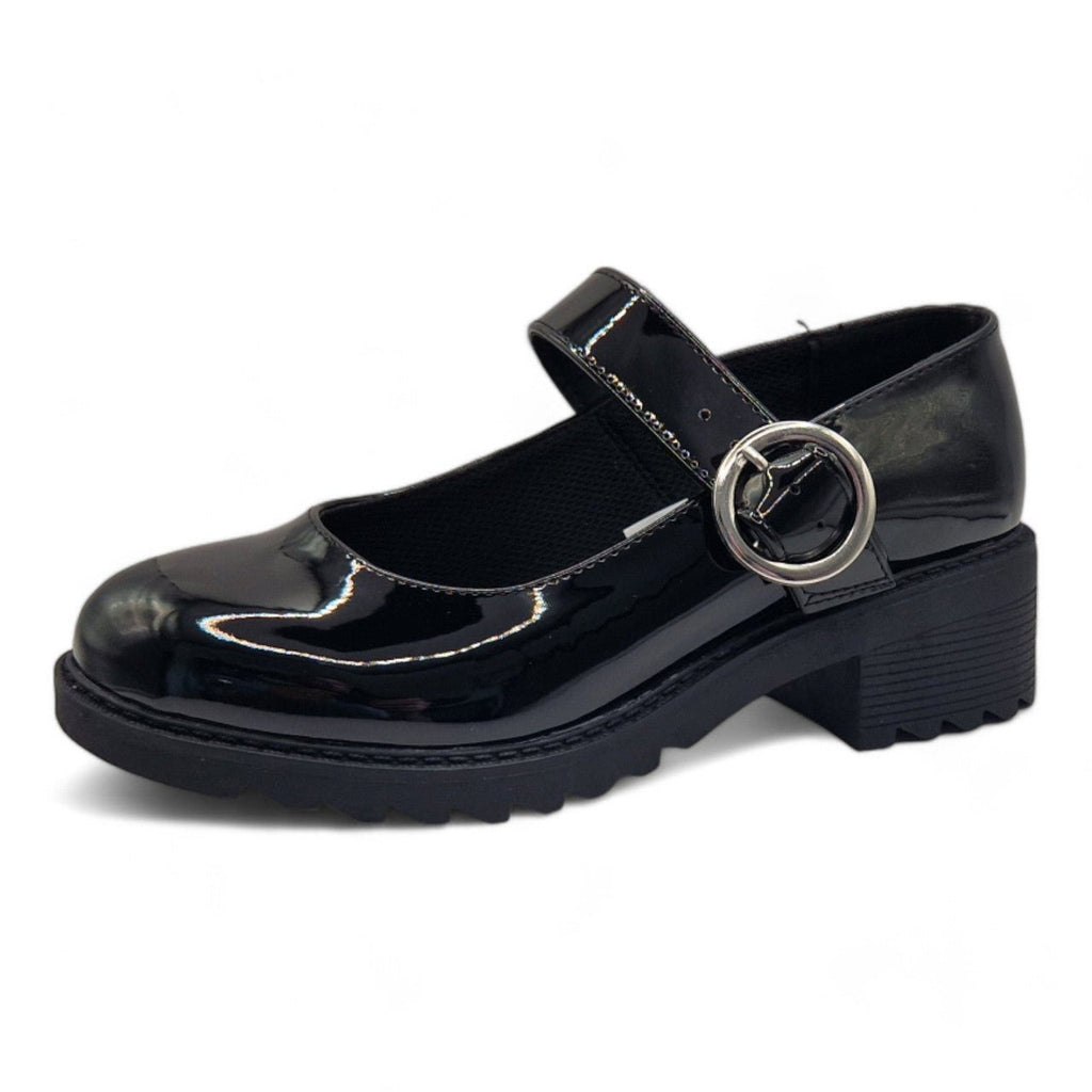 Girls Mary Janes School Chunky Heel Shoes Patent Black - Renna Clothing