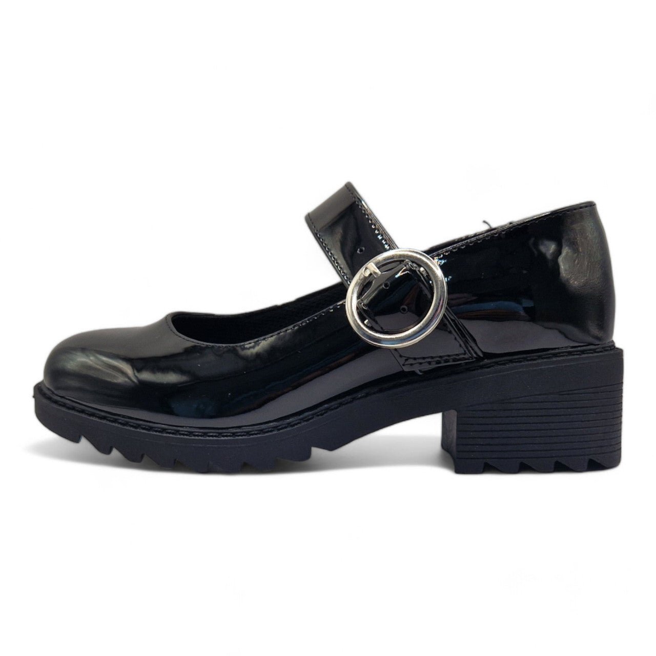 Girls Mary Janes School Chunky Heel Shoes Patent Black - Renna Clothing