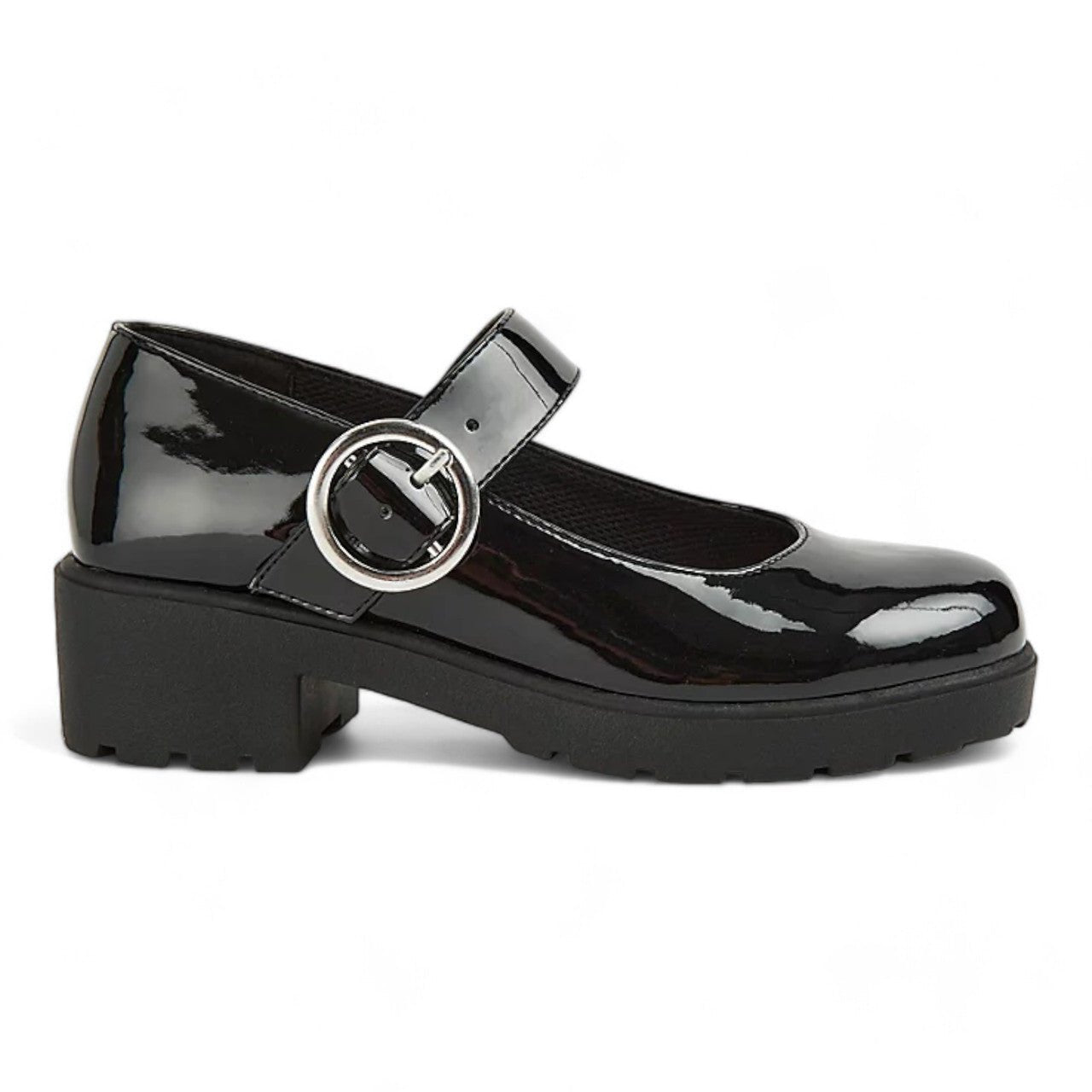 Girls Mary Janes School Chunky Heel Shoes Patent Black - Renna Clothing