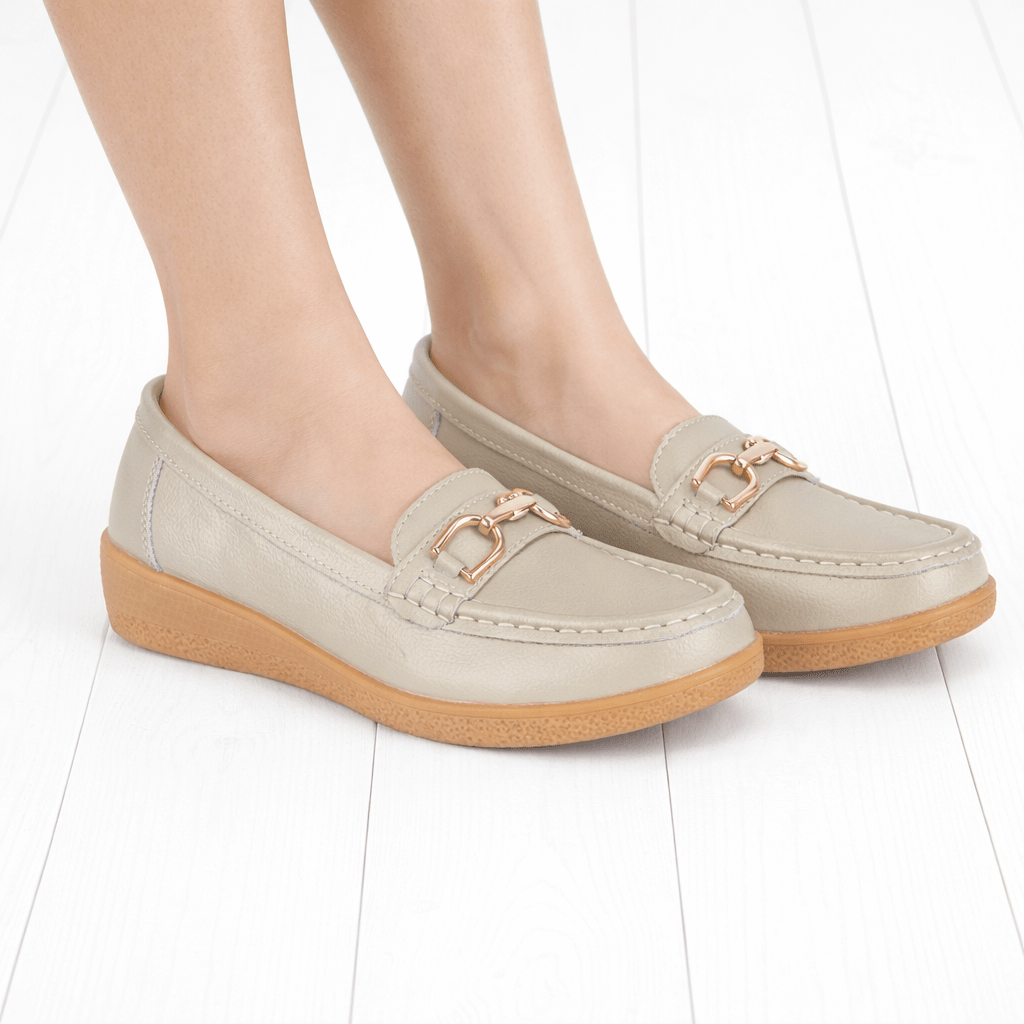 Jo & Joe Ladies Sandbank Leather Wedge Loafers with Metal Trim Smoke - Renna Clothing