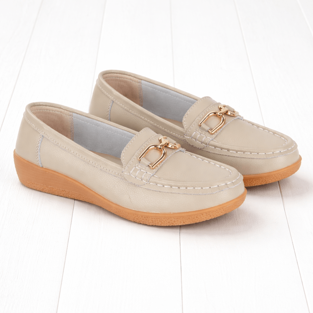 Jo & Joe Ladies Sandbank Leather Wedge Loafers with Metal Trim Smoke - Renna Clothing