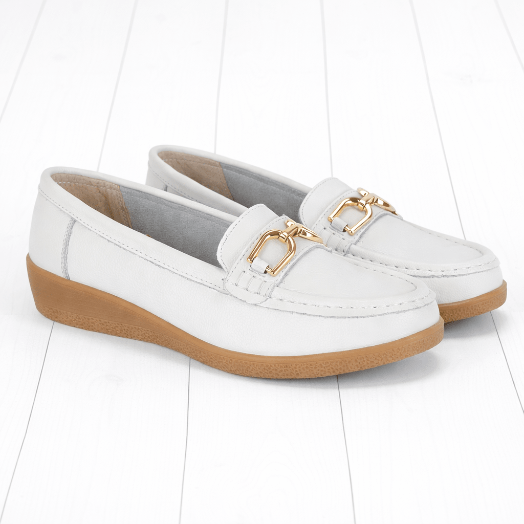 Jo & Joe Ladies Sandbank Leather Wedge Loafers with Metal Trim White - Renna Clothing