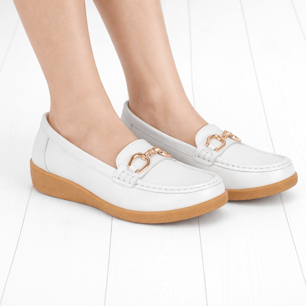Jo & Joe Ladies Sandbank Leather Wedge Loafers with Metal Trim White - Renna Clothing