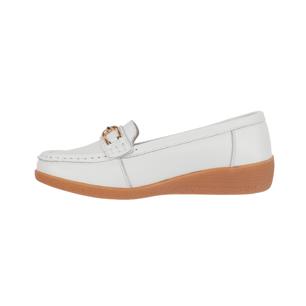 Jo & Joe Ladies Sandbank Leather Wedge Loafers with Metal Trim White - Renna Clothing
