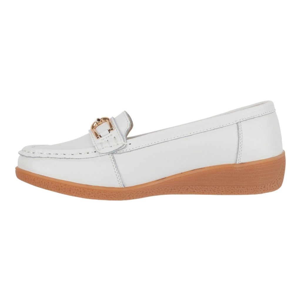 Jo & Joe Ladies Sandbank Leather Wedge Loafers with Metal Trim White - Renna Clothing