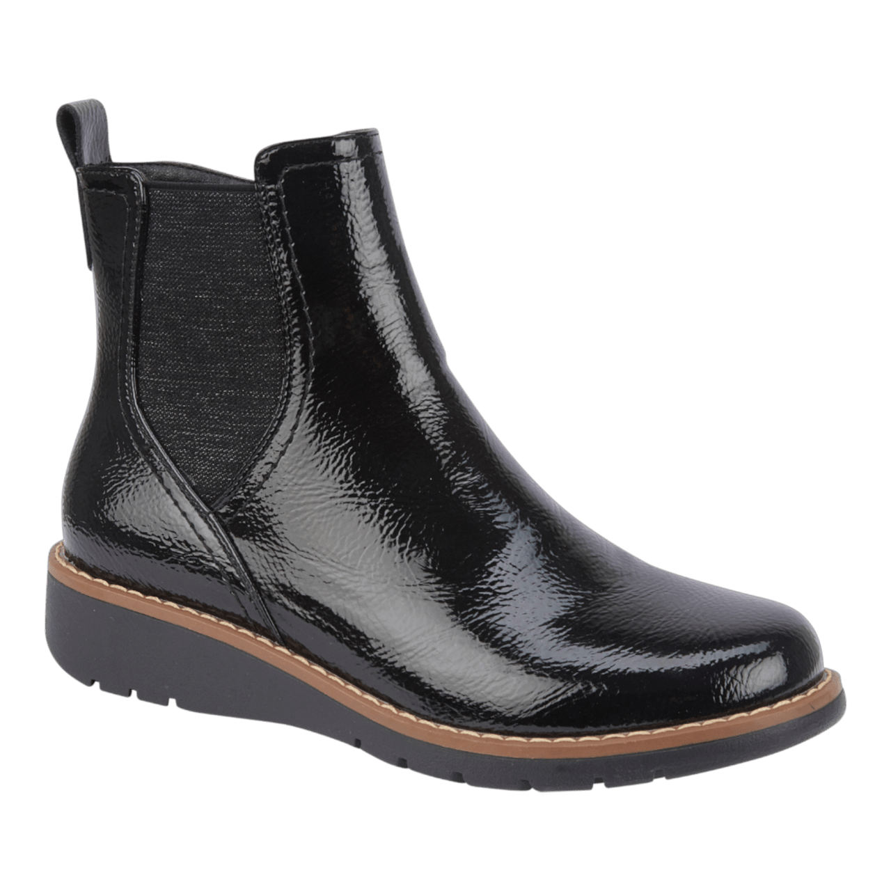 Jo & Joe Twin Gusset Ankle Wedge Boots Black Patent - Renna Clothing