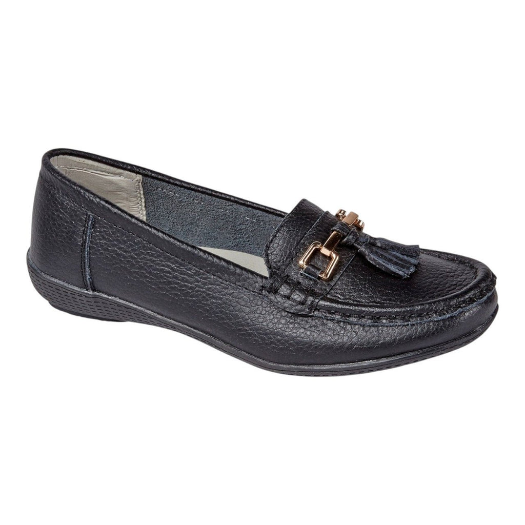 Jo & Joe Women's Leather Slip On Moccasin Shoes Black - Renna Clothing