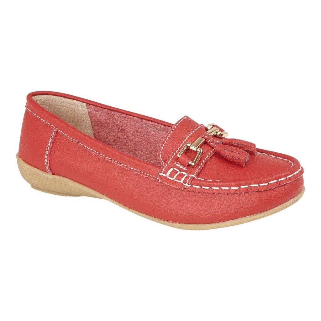Jo & Joe Women's Leather Slip On Moccasin Shoes Dark Red - Renna Clothing