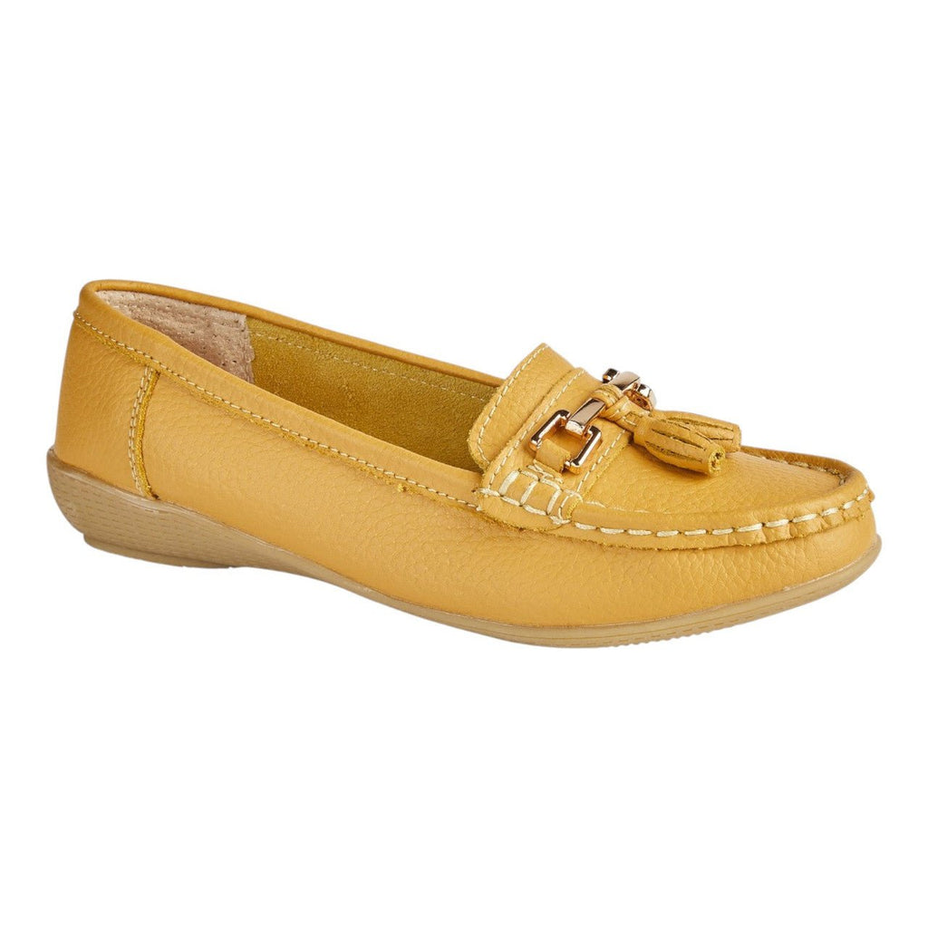 Jo & Joe Women's Leather Slip On Moccasin Shoes Mustard Yellow - Renna Clothing